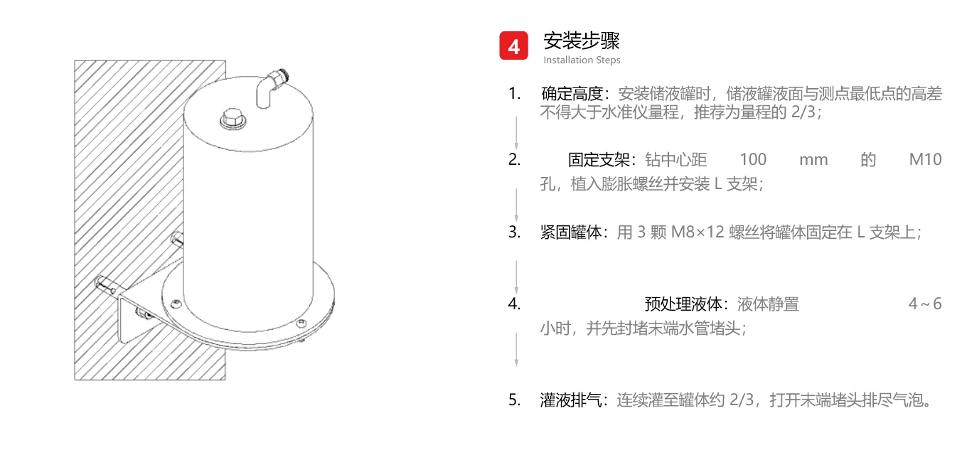 储液罐L形支架墙装与灌液排气步骤